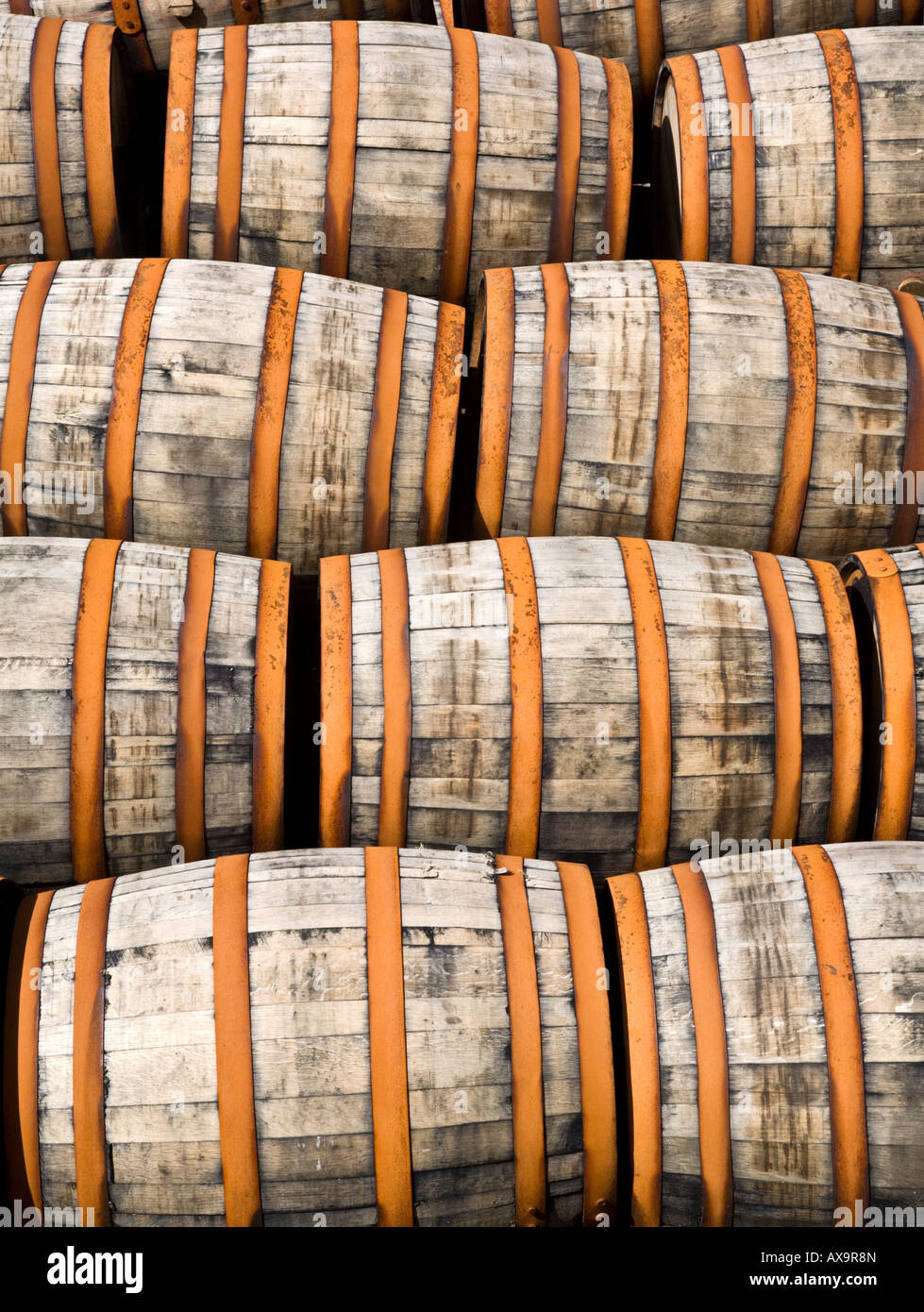 Oak whisky casks stacked in a distillery yard Scotland Stock Photo Alamy