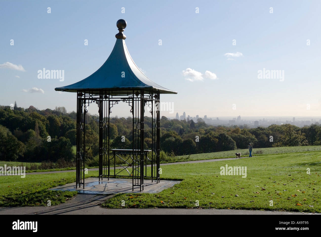 Viewing Platform on Hampstead Heath with a view of Central London in the distance Stock Photo