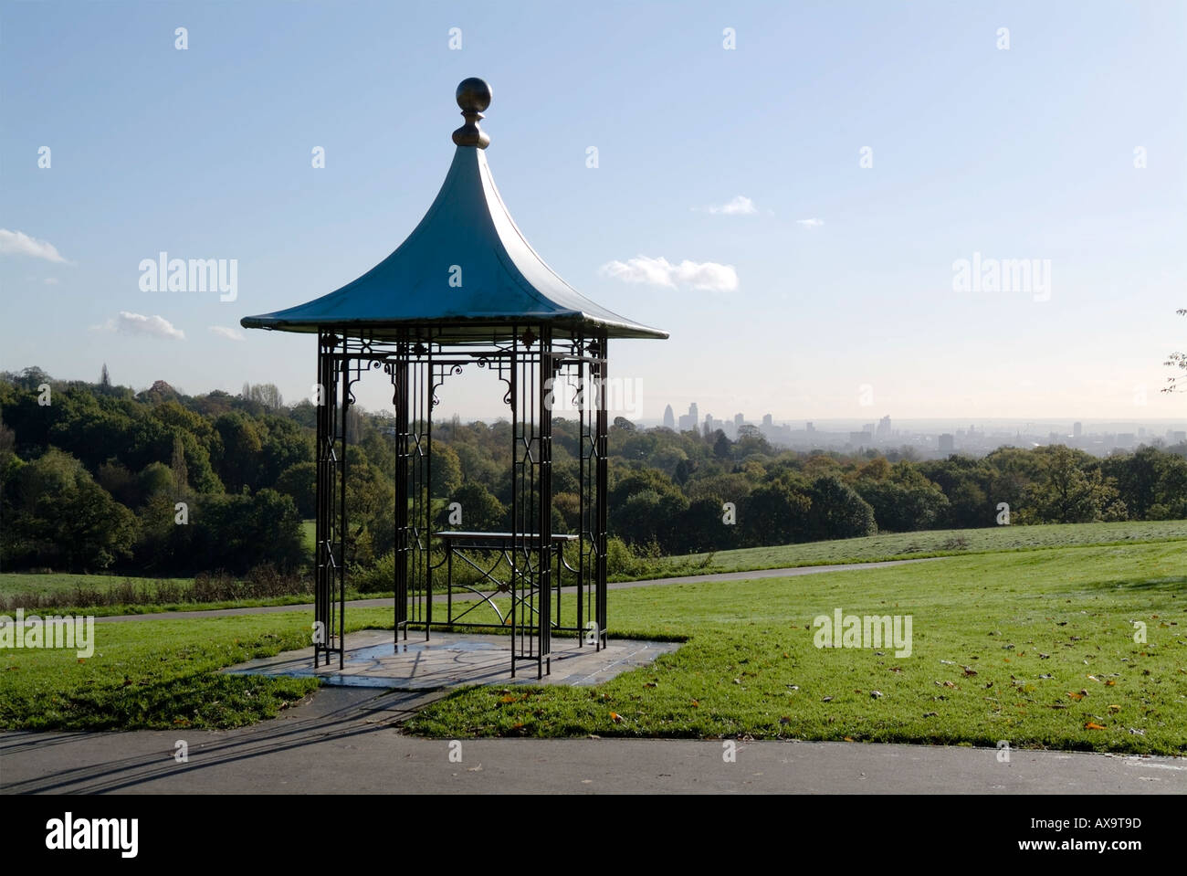 Viewing Pagoda on Hampstead Heath with a view of central London in the distance Stock Photo