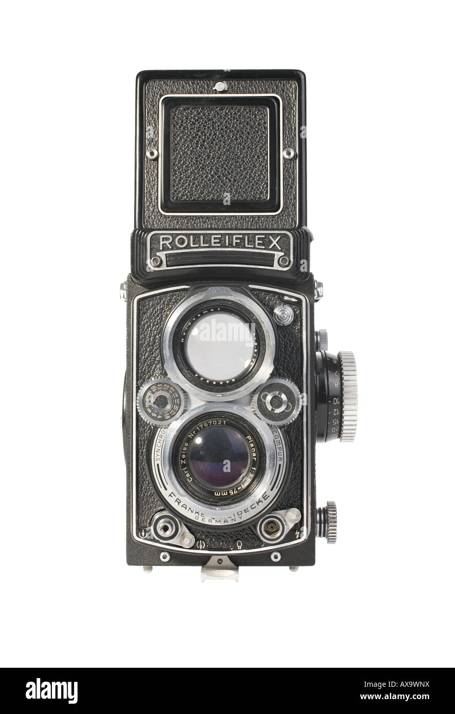 A Rolleiflex 3.5E Planar TLR camera with viewing hood open This is a workhorse camera not a collector s specimen Stock Photo