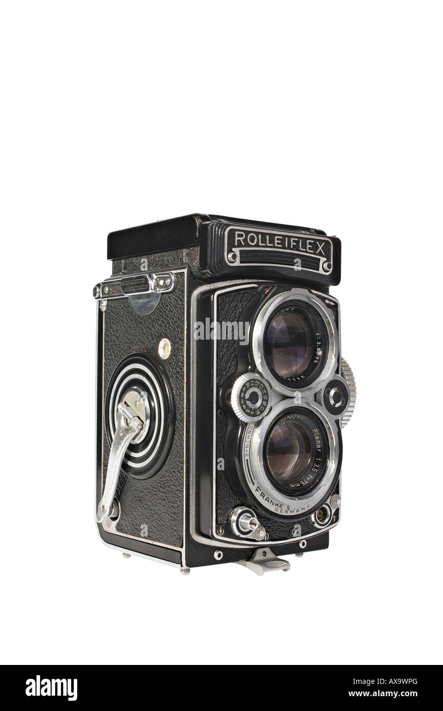 A Rolleiflex 3.5E Planar TLR camera with viewing hood closed This is a workhorse camera not a collectors specimen Stock Photo