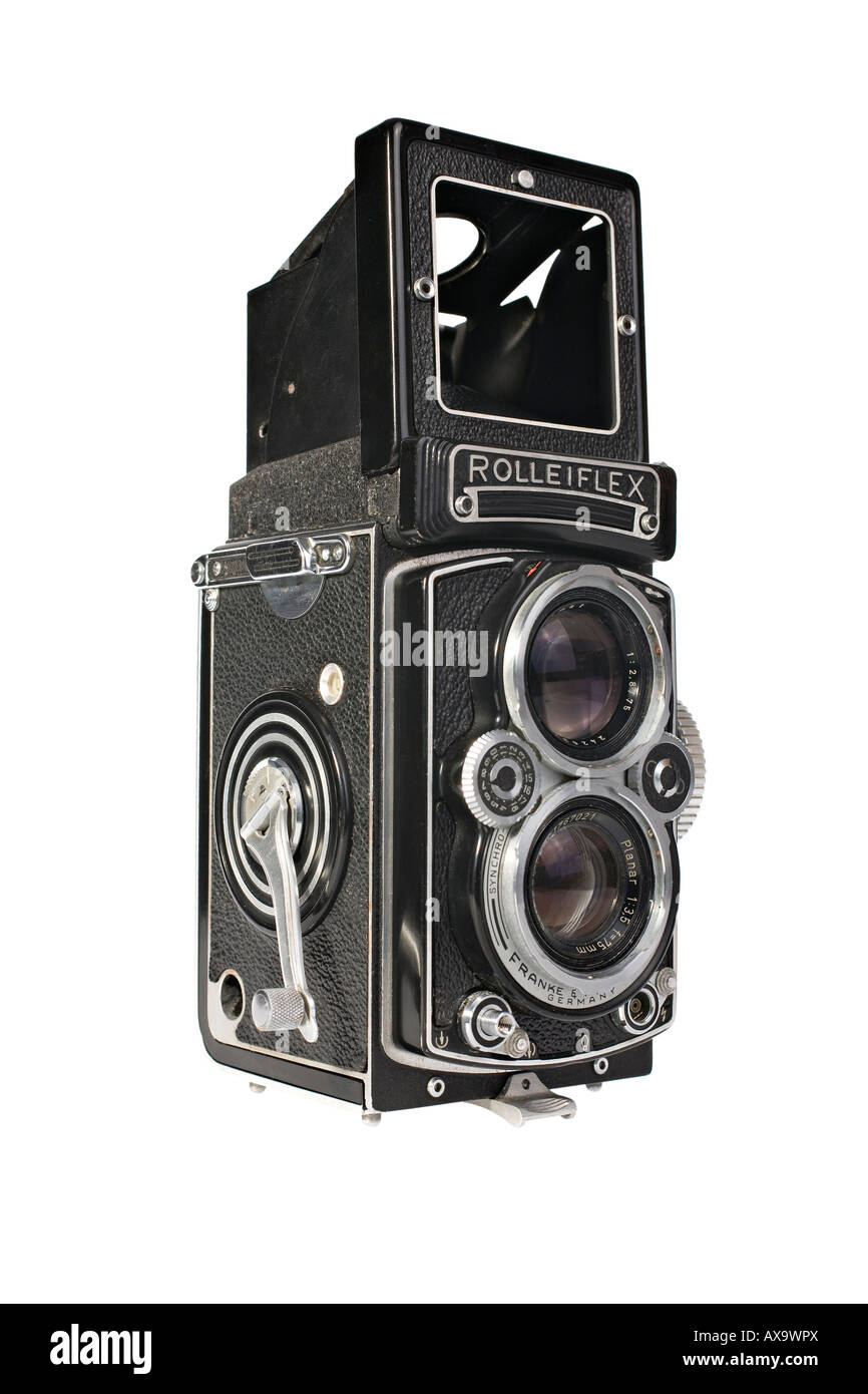 A Rolleiflex 3.5E Planar TLR camera with viewing hood open in sports viewfinder position Stock Photo