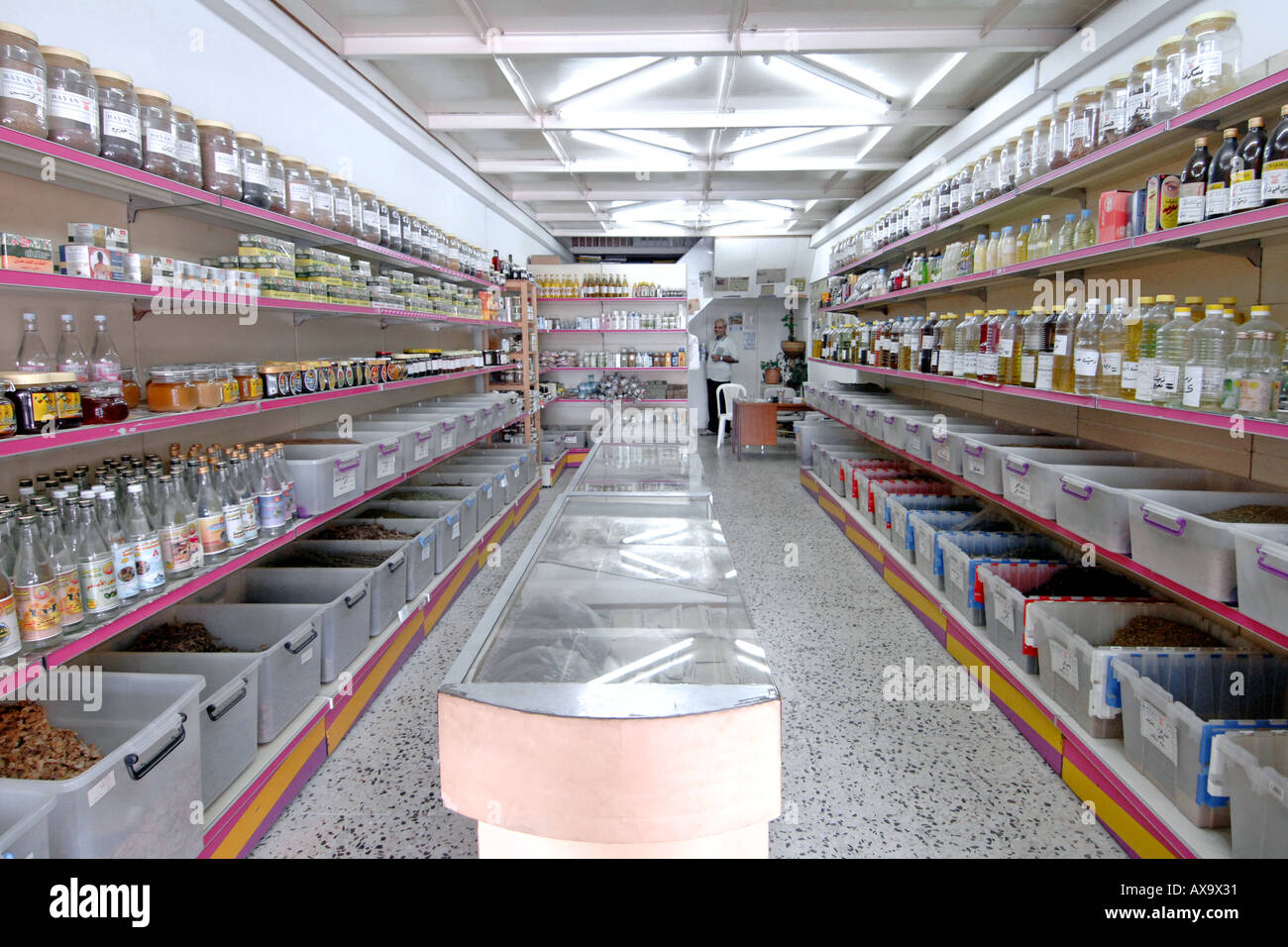 Interior of a spice shop at the Thursday/Friday souk in Doha, Qatar. Stock Photo