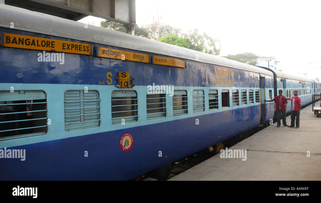 The Bangalore Express train and two male railway staff at the station