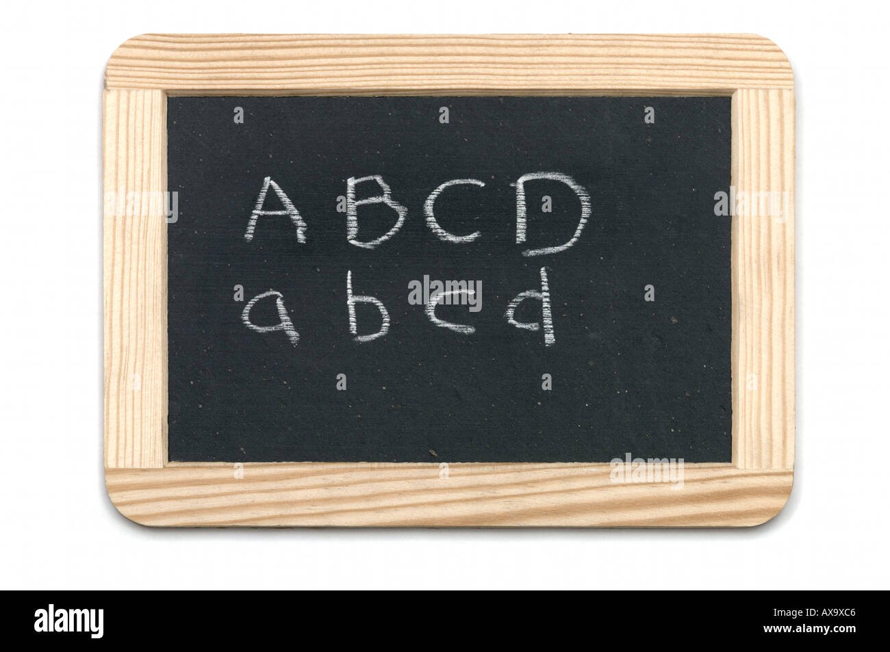 A B C D small and capital letters on traditional writing slate in wooden frame on white background Stock Photo