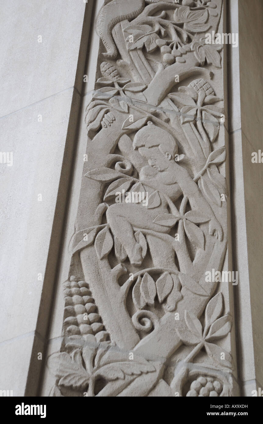 Ornamentation on the outside of the office building at 140 West St. in Lower Manhattan, which was built in the 1920's. Stock Photo