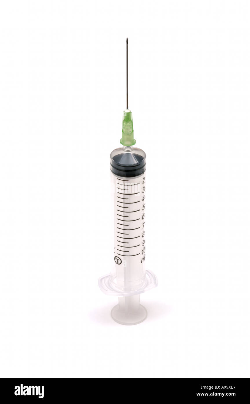 10ml Plastic disposable injection syringe with needle on white background Stock Photo