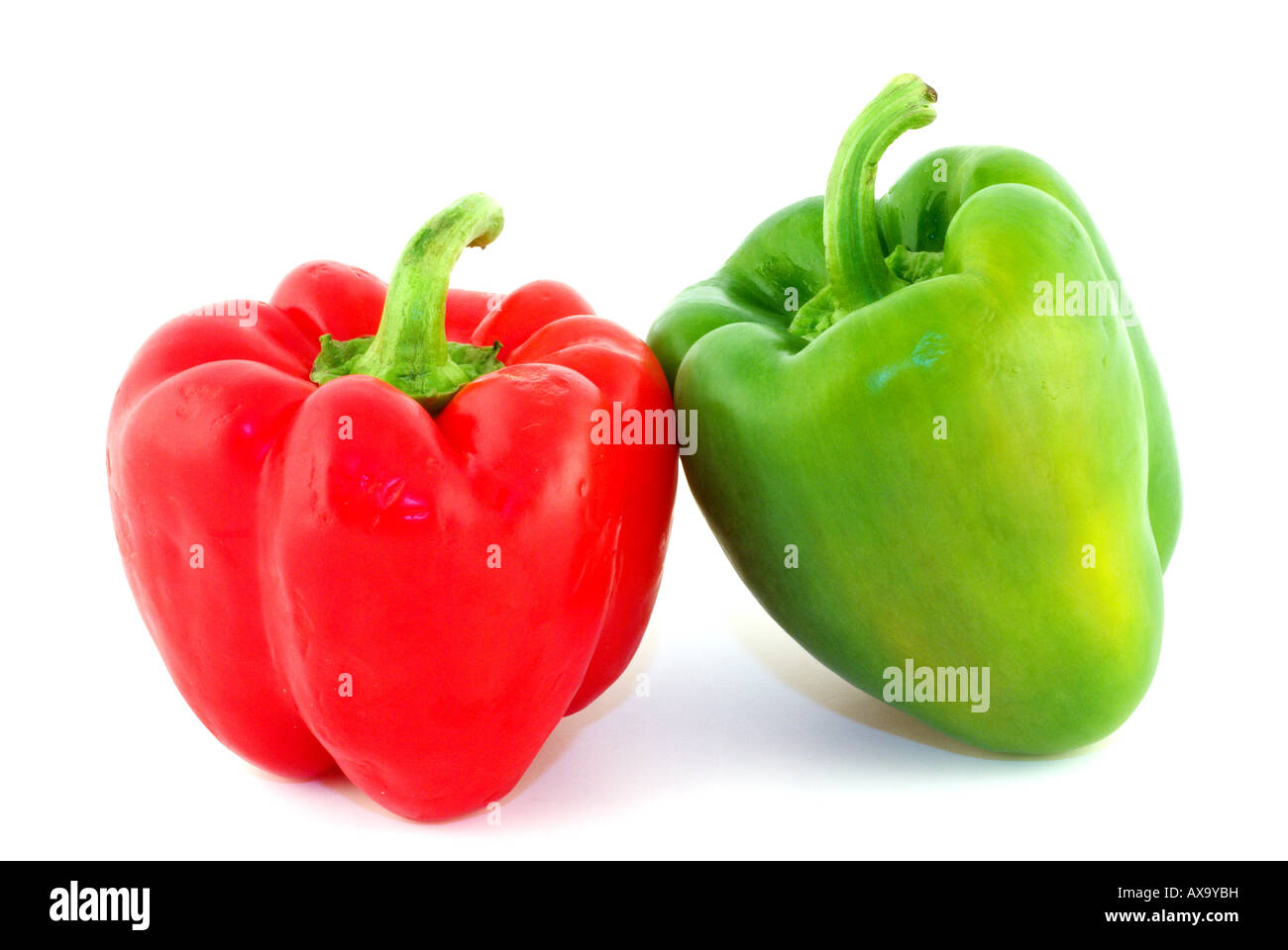 green and red bell pepper leaning on each other isolated on white Stock ...