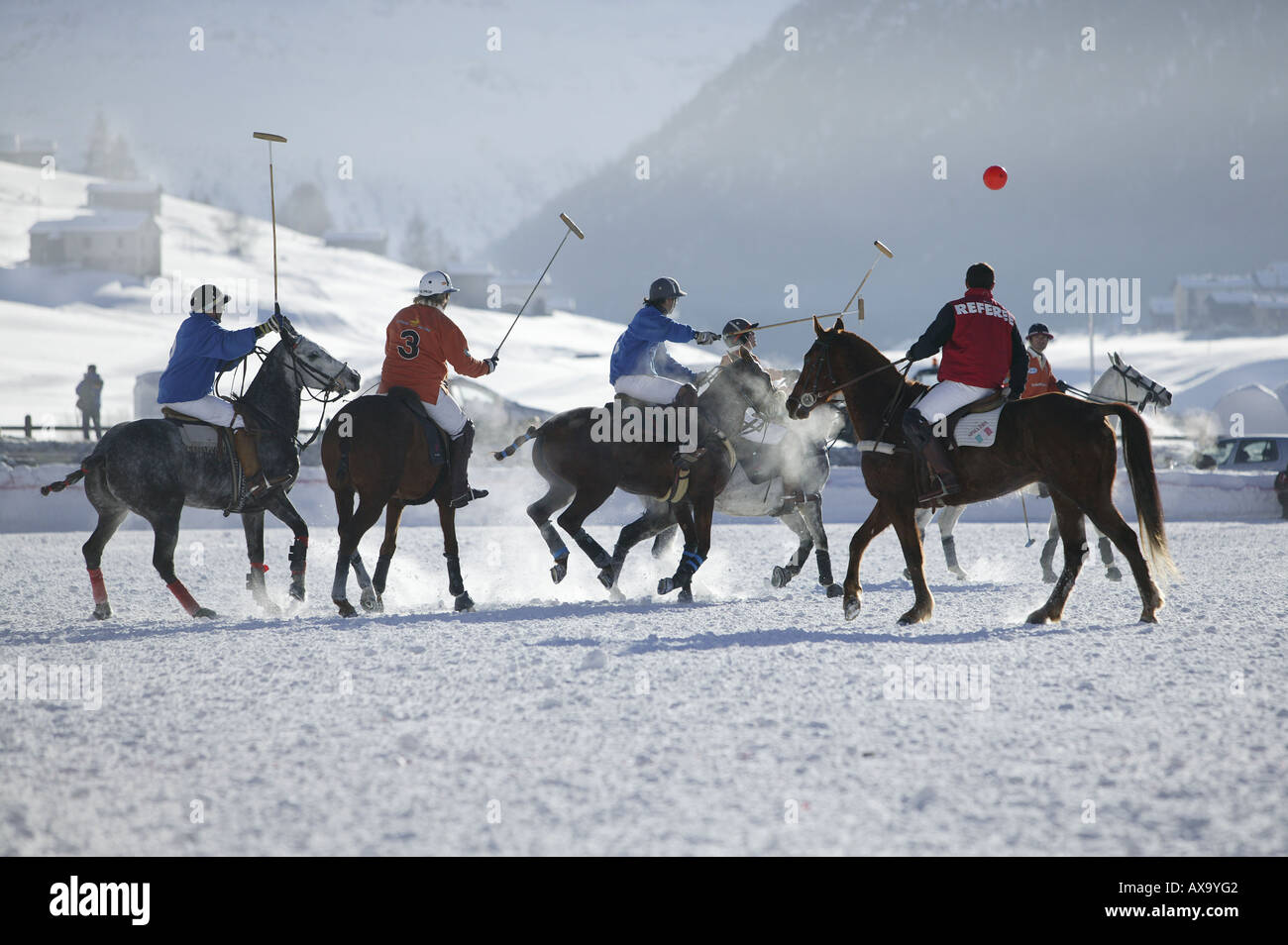 Playing polo in the snow, International tournament in Livigno, Italy Stock Photo