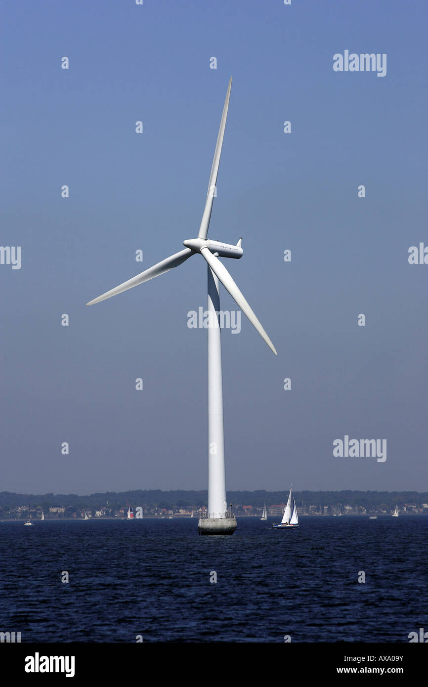 Wind turbine at an offshore windpark, Copenhagen, Denmark Stock Photo