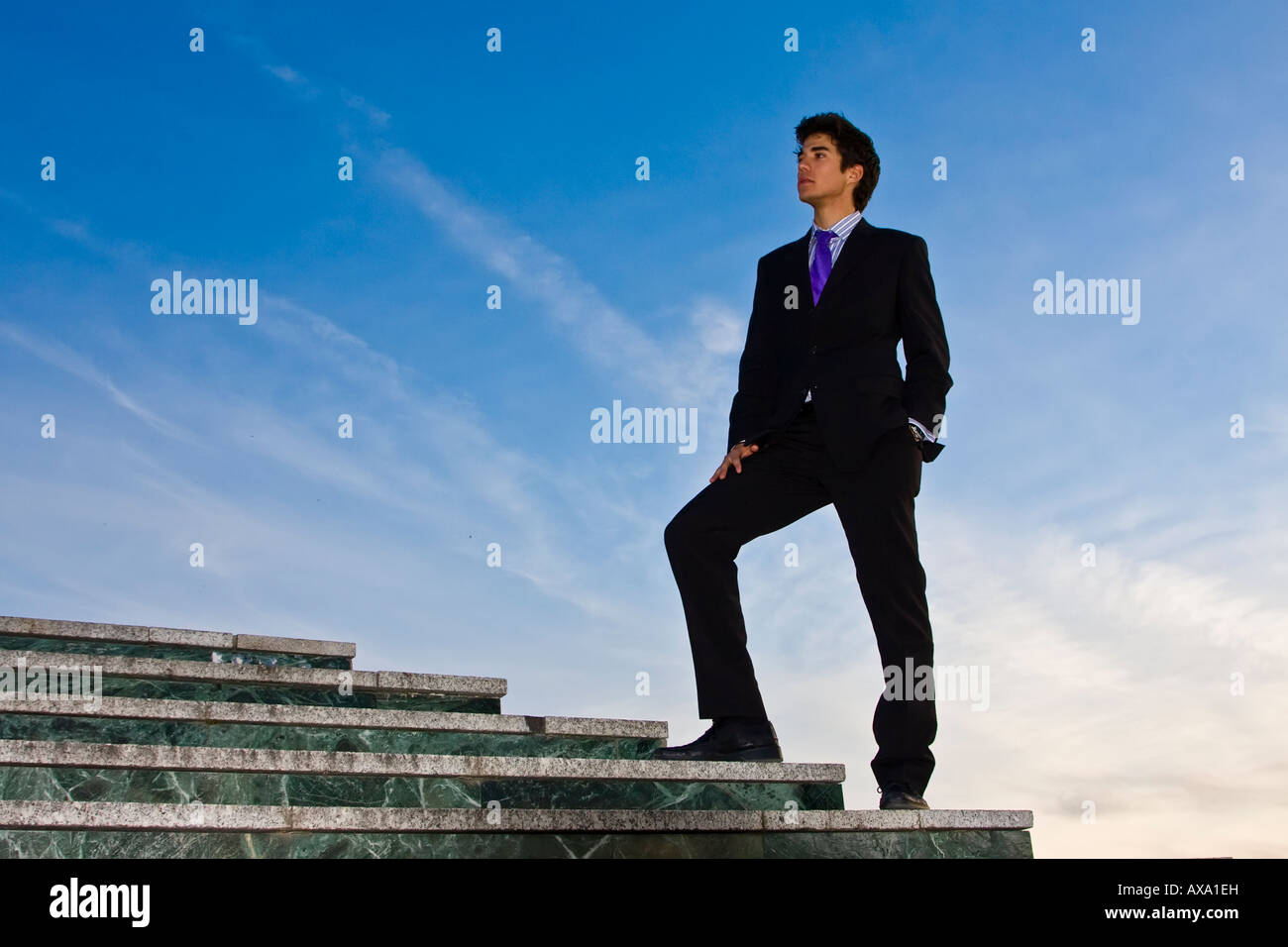 Businessman posing on stairs against blue sky Stock Photo - Alamy