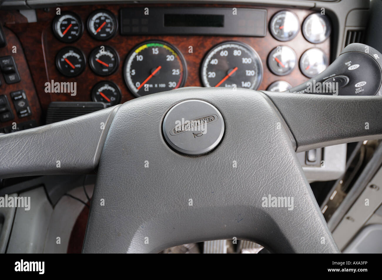 Steering wheel and dash of a Freightliner Argosy Stock Photo Alamy