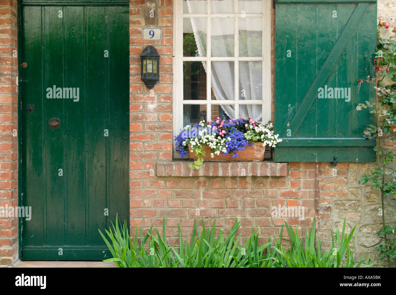 House with green shutter and door and window box with flowers in