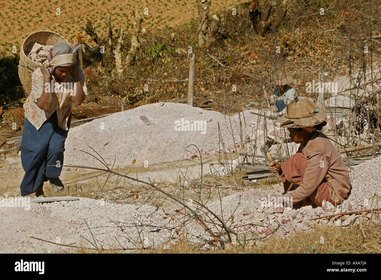 Small quarry, breaking stones by hand, Kleiner Steinbruch, Yarzagyi Hills, Strassenarbeiterinnen Stock Photo