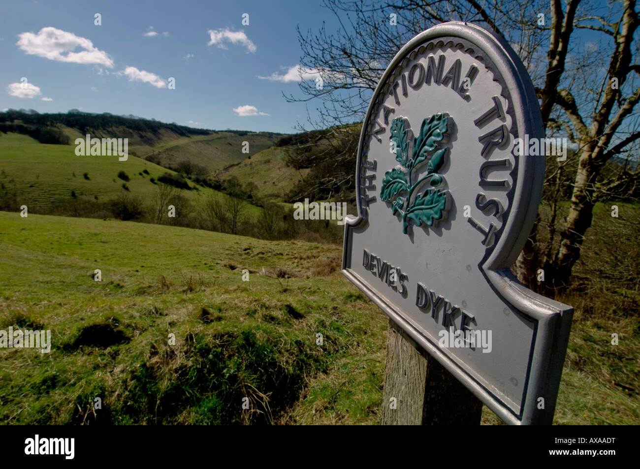 A national Trust sign for Devil's Dyke, on the South Downs near Brighton. Picture by Jim Holden. Stock Photo
