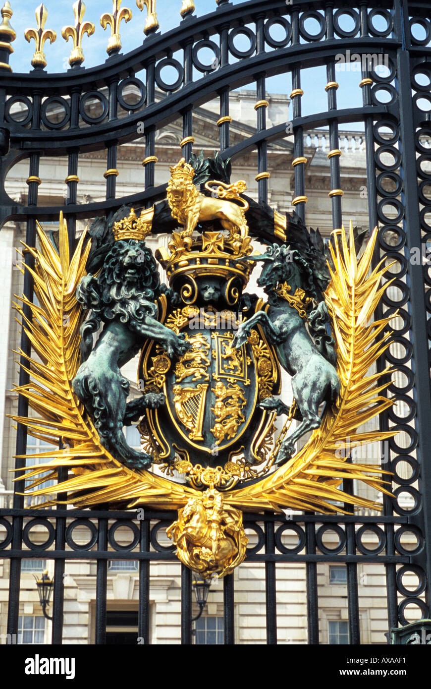 Royal Crest on Gates in front of Buckingham Palace London England Stock Photo