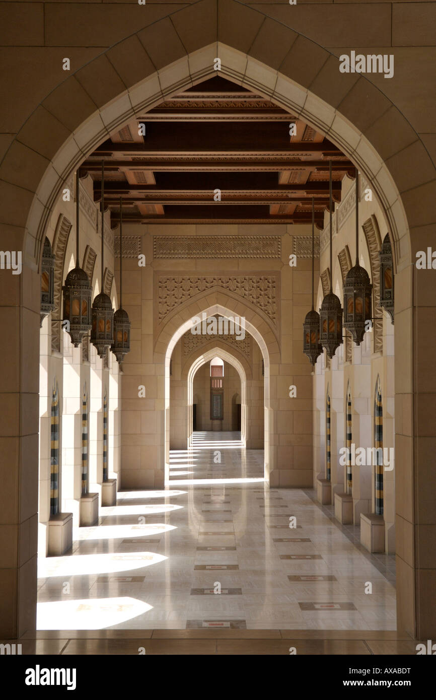 Archways surrounding the Sultan Qaboos Grand Mosque in Muscat, the capital of Oman. Stock Photo