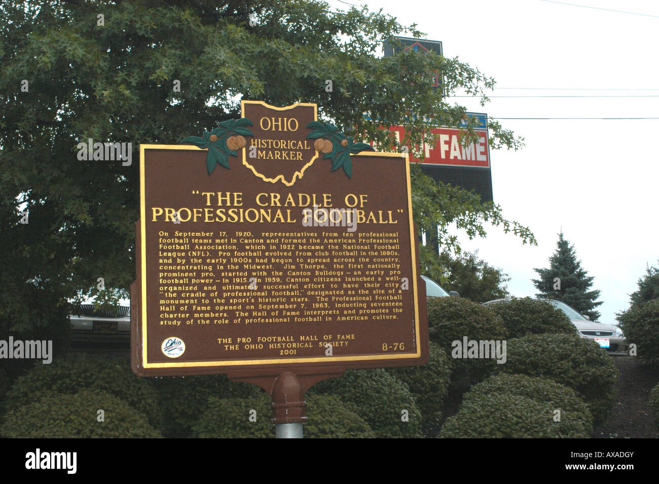 Historical marker sign for American Pro Football Hall of Fame Canton Ohio USA Stock Photo
