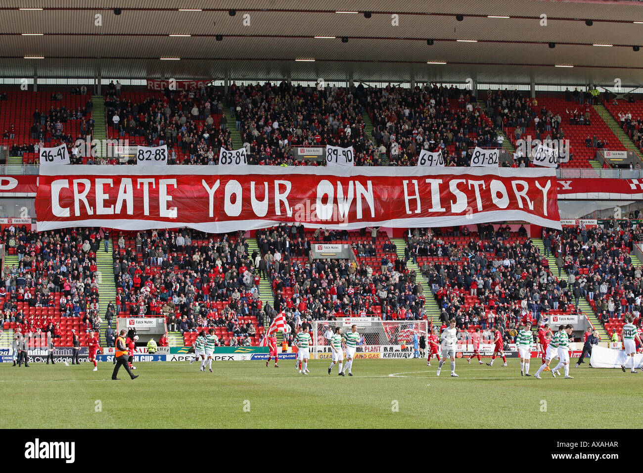 Huge banner in the Richard Donald stand Aberdeen Football Club Pittodrie Stadium before a match with Celtic fc Stock Photo