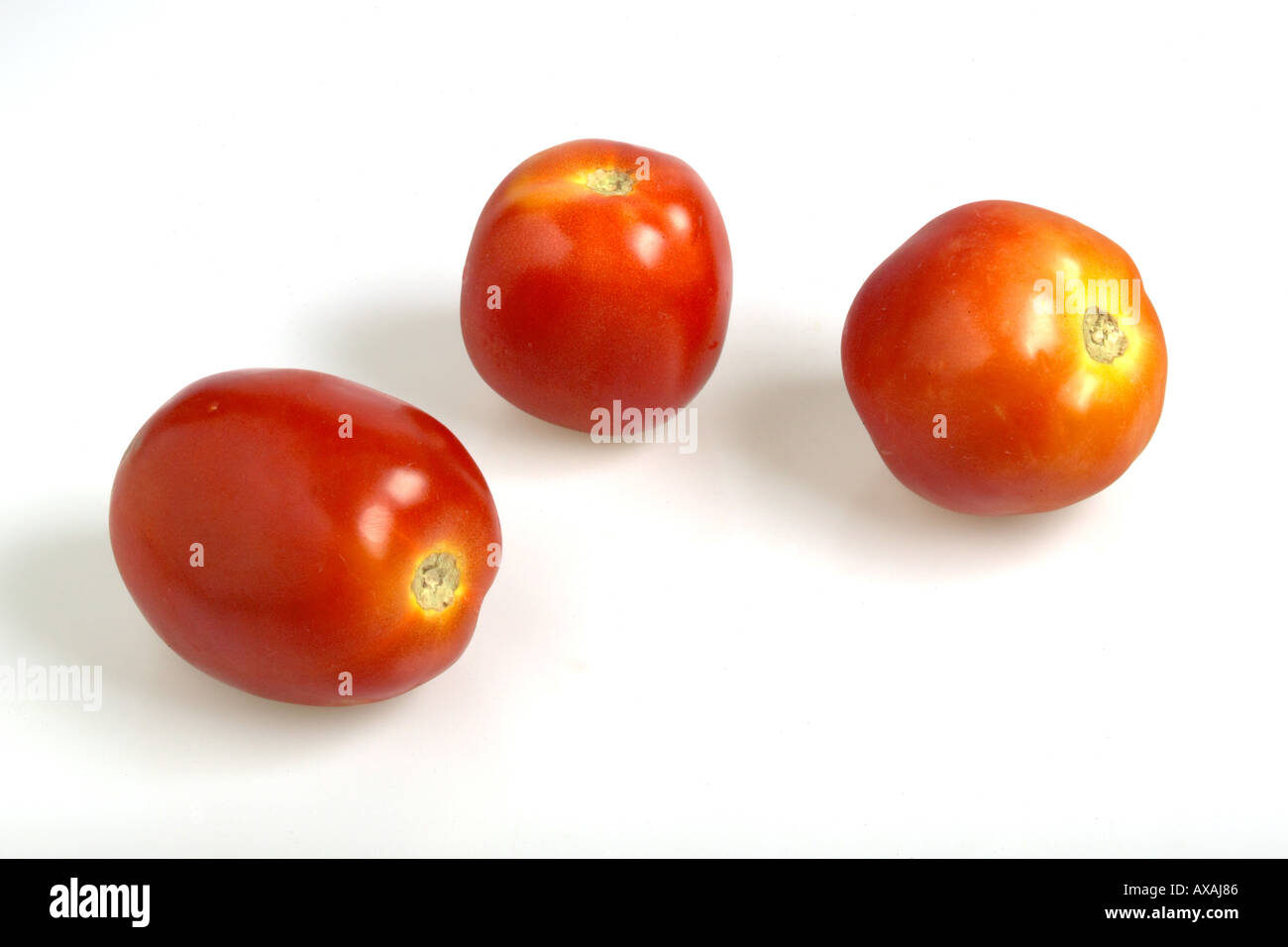 AAD73228 Three red uncut vegetable tomatoes on white background double spread Stock Photo