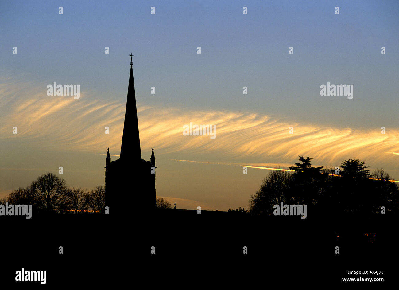 Holy Trinity Church, Stratford-upon-Avon, silhouetted at sunset, Warwickshire, England, UK Stock Photo