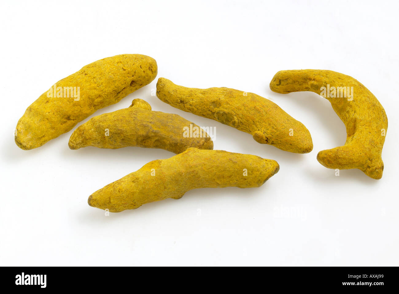 Five pieces of Turmeric curcuma longa Haldi hindi on white background