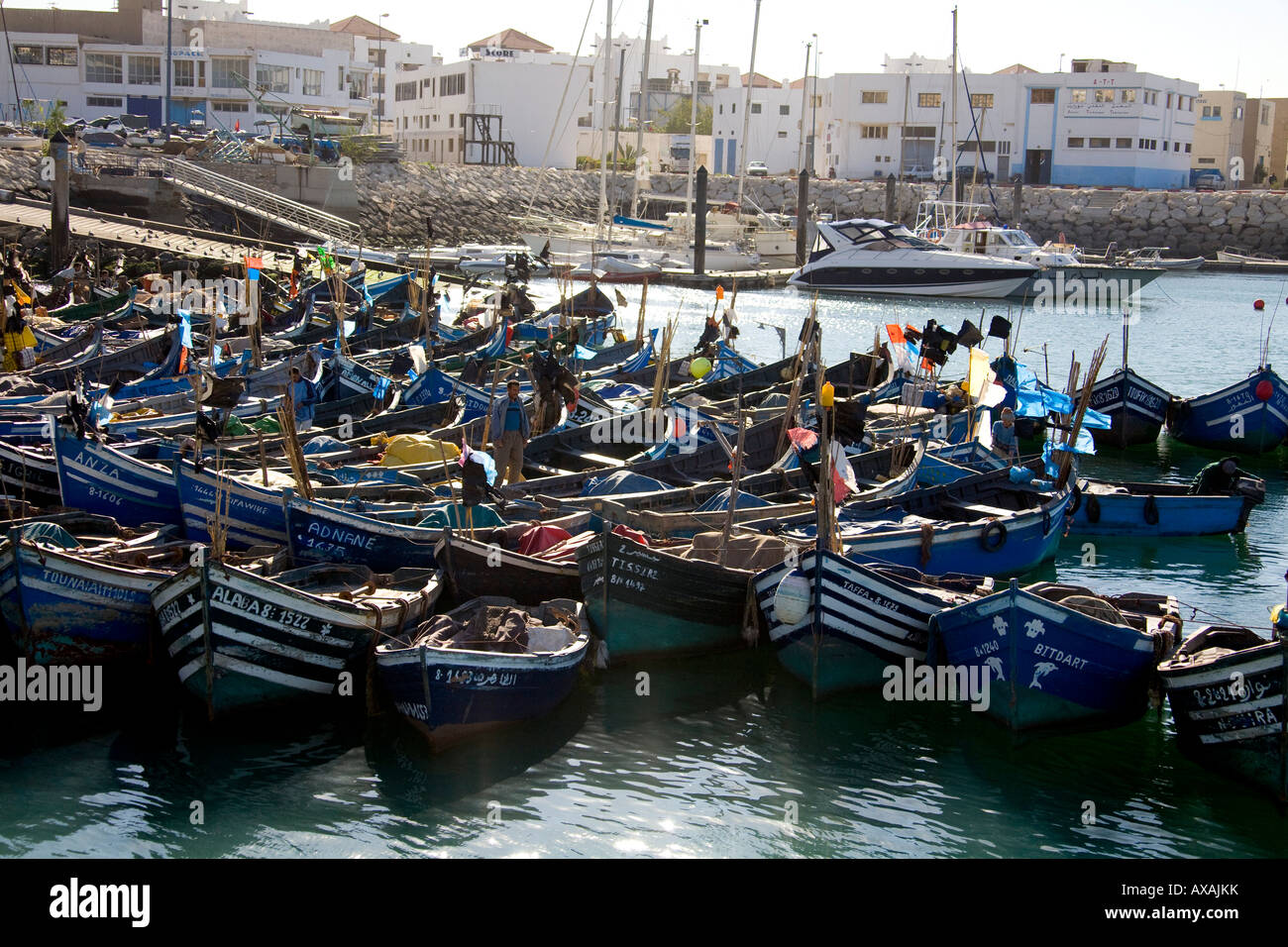 Agadir fishing port, Morocco, North West Africa. Blue Fishing boats in  harbour. Petit Port de peche Stock Photo - Alamy