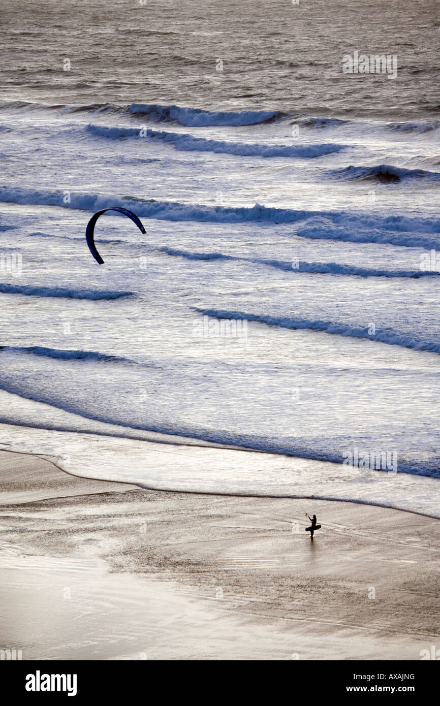 Kite surfer at Watergate Bay near Newquay, Cornwall surf coast waves