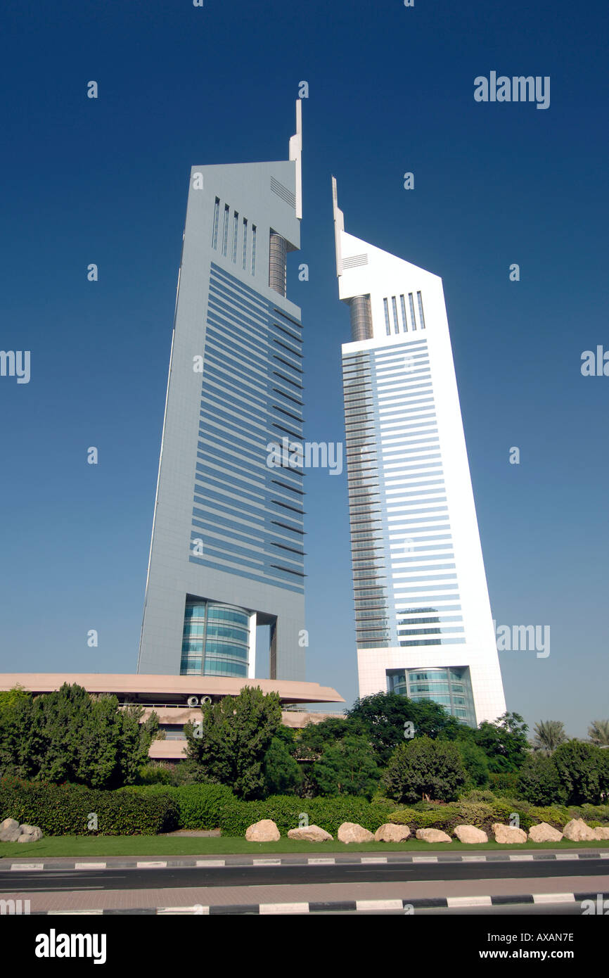 Twin towers on Sheikh Khalifa Bin Zayed Road in Dubai. Stock Photo