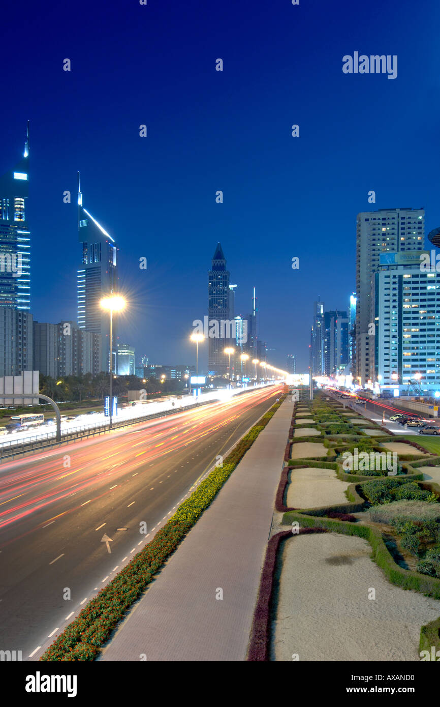 A dusk view of traffic trails and the buildings along Sheikh Khalifa Bin Zayed Road in Dubai. Stock Photo
