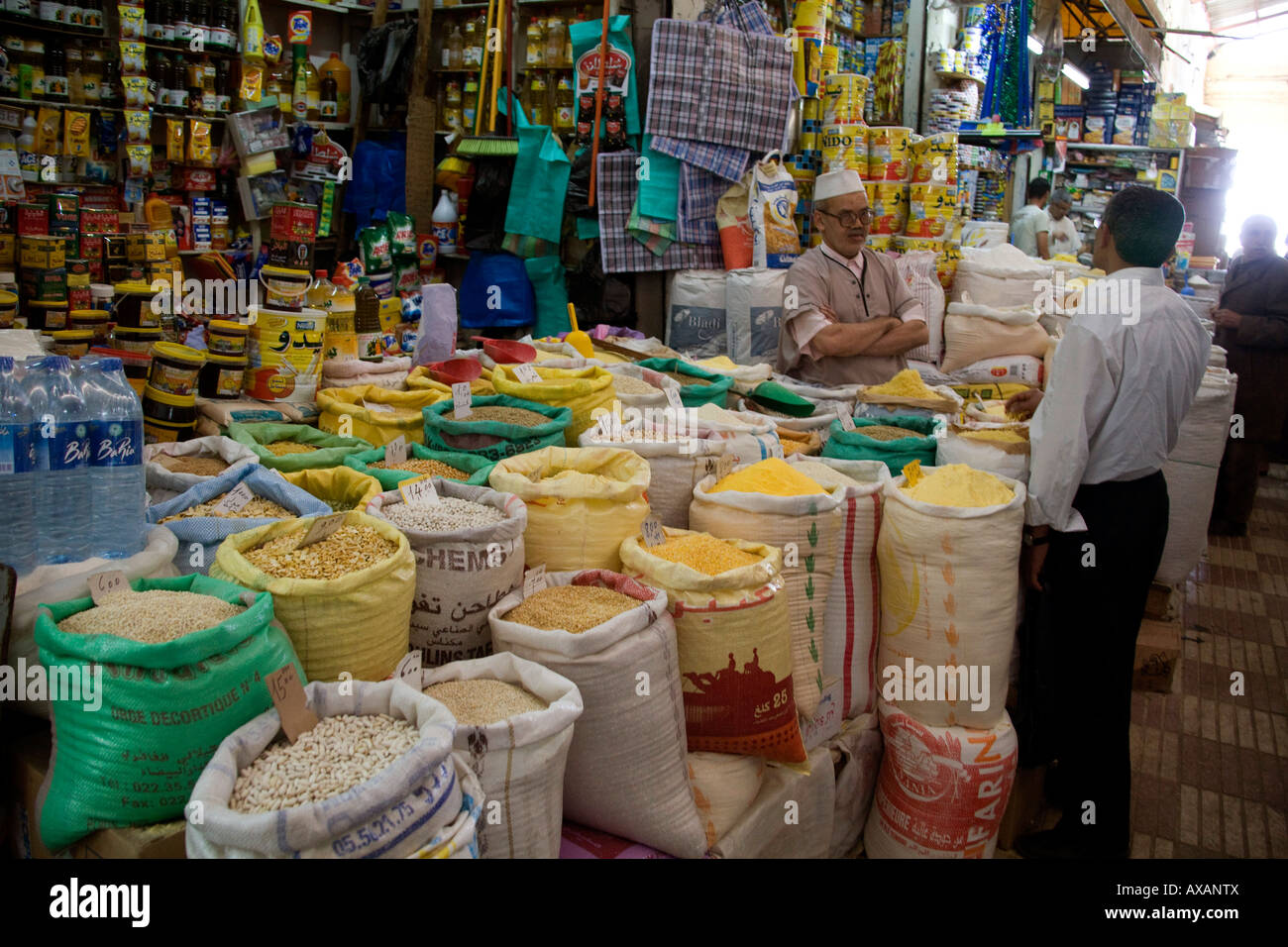 Agadir market, Morocco, North West Africa. Bags of spices and seeds ...