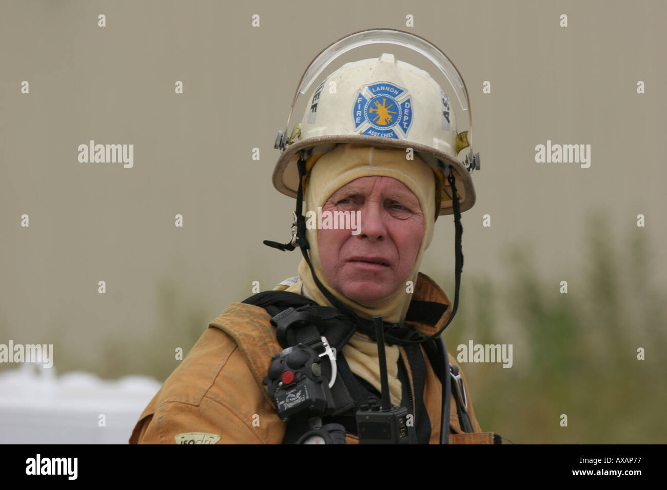 Lannon Fire Department Assistant Chief in gear at the scene of an explosion in Lannon Wisconsin Stock Photo