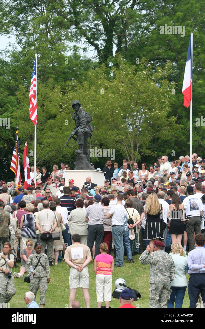 60th D Day Anniversary Ceremony at Iron Mike Statue Near St Mere Eglise  Normandy France ,D-Day Paratroopers Memorial Stock Photo