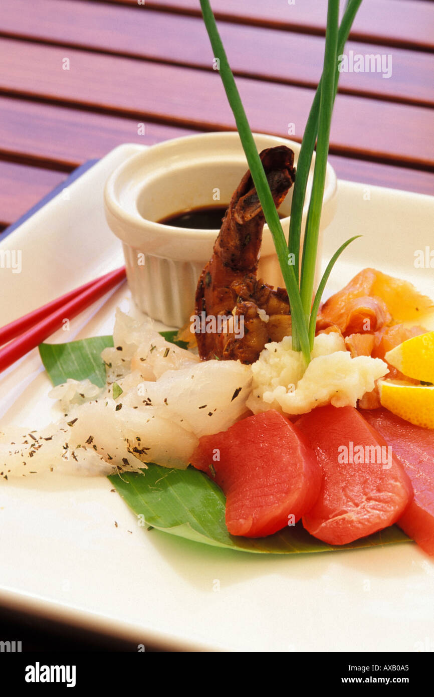 Food, Fusion of fish, tuna sashimi, snapper ceviche, grilled mahi mahi