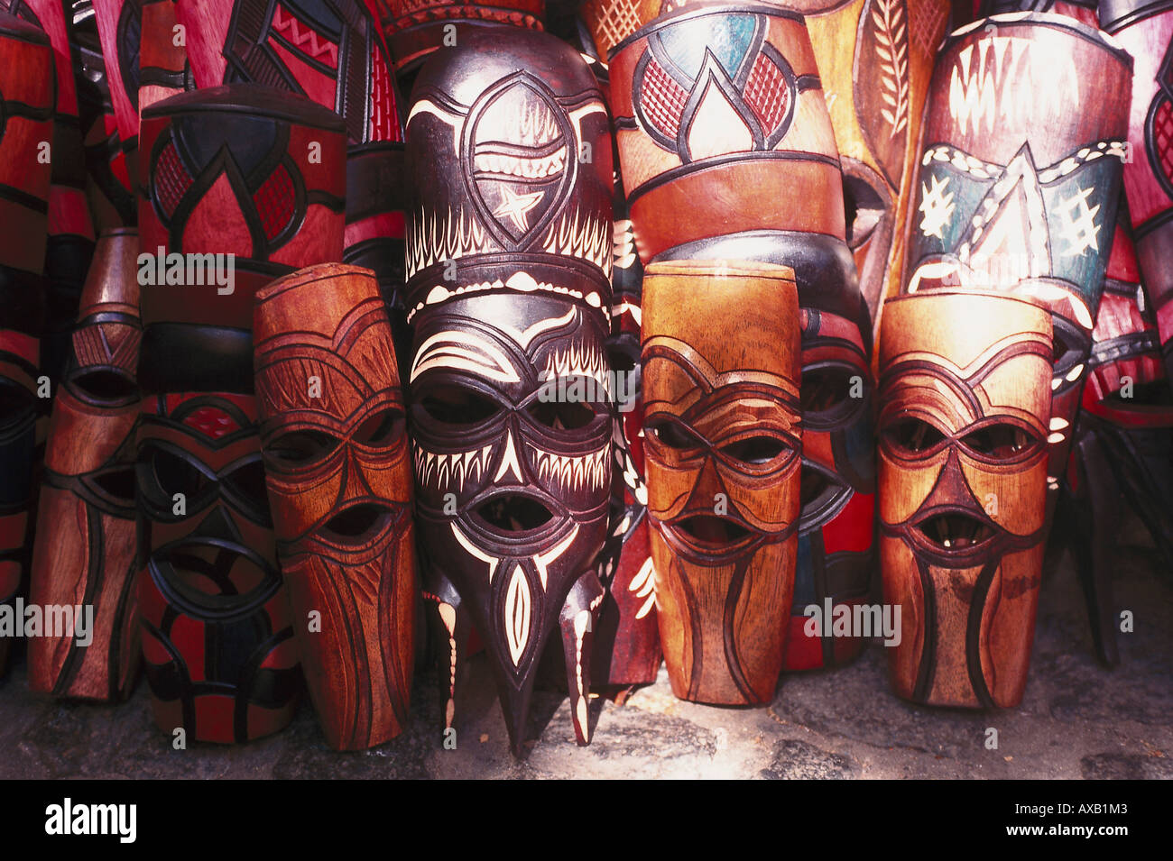 Wooden African masks, Mbabane, Swaziland, South Africa, Africa Stock Photo