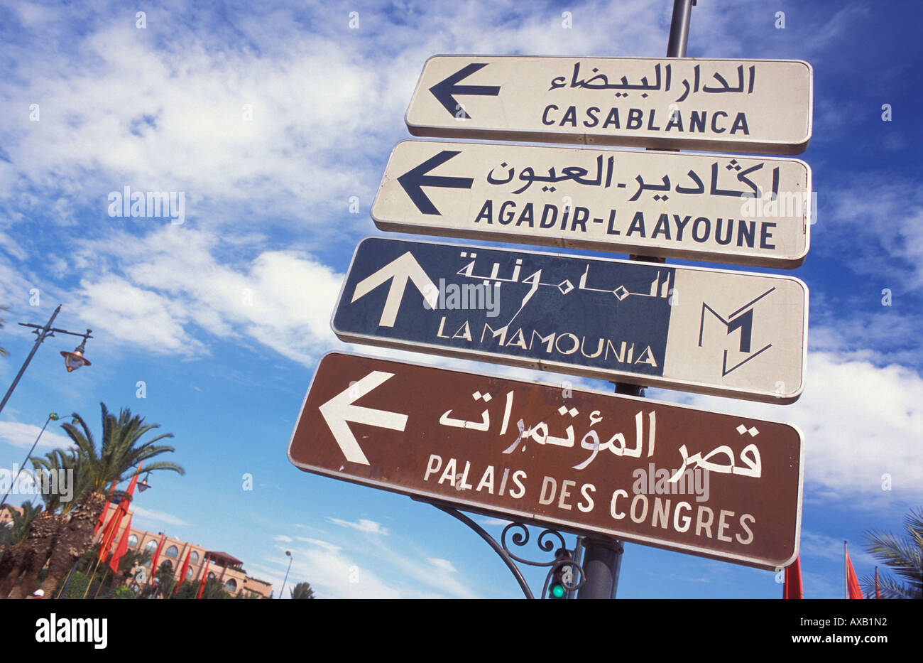 Signpost under clouded sky, Menara, Marrakesh, Morocco, Africa Stock Photo