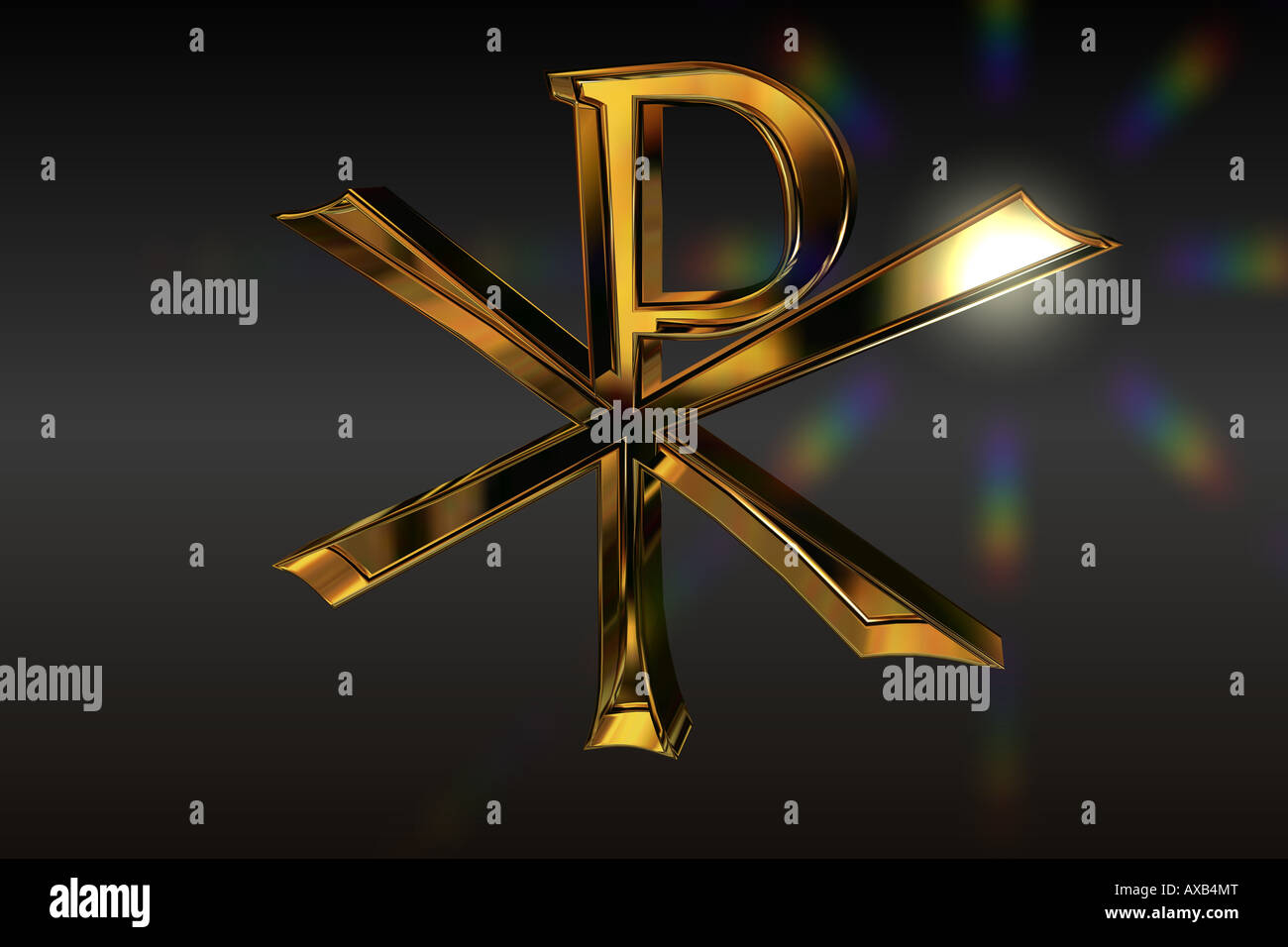 Golden Rendering of an Christian Pax Christi Sign with a rainbow-Lens Flare. Black Background. Stock Photo