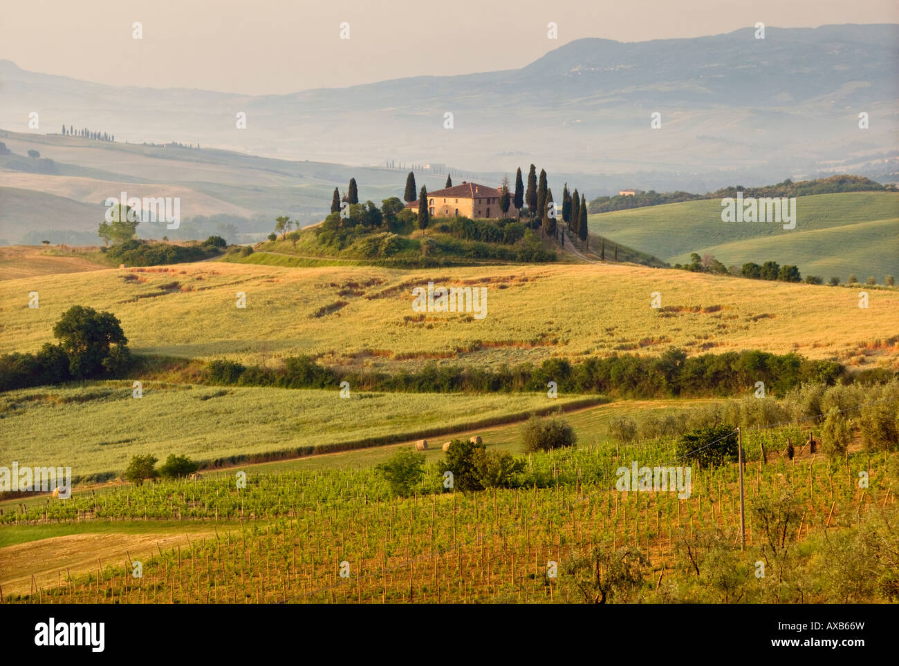 Belvedere farm house in Valley D Orcia between Pienza and San Quirico d Orcia in Tuscany Italy Stock Photo