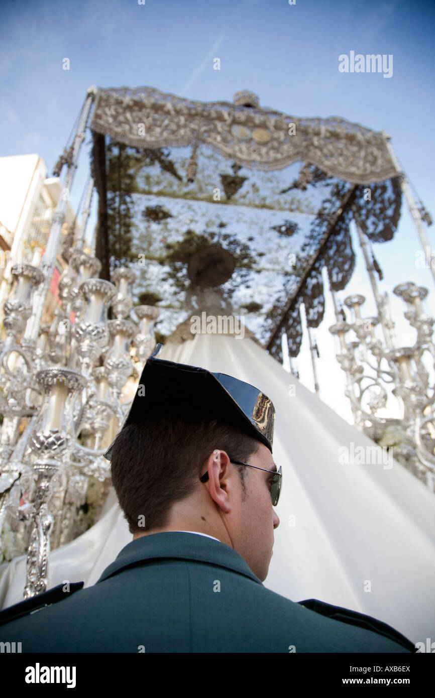 Civil Guard escorting a float with the Virgin image, Palm Sunday 2008, Seville, Spain Stock Photo