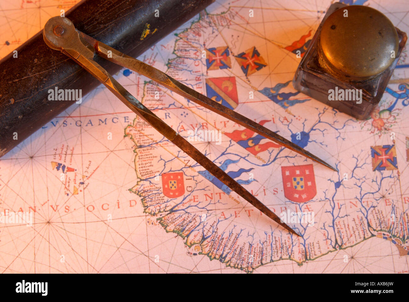 Navigators dividers on old map. Stock Photo
