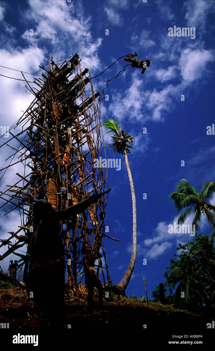 Local man bungee jumping from a platform, ritual, Vanuatu, Polynesia