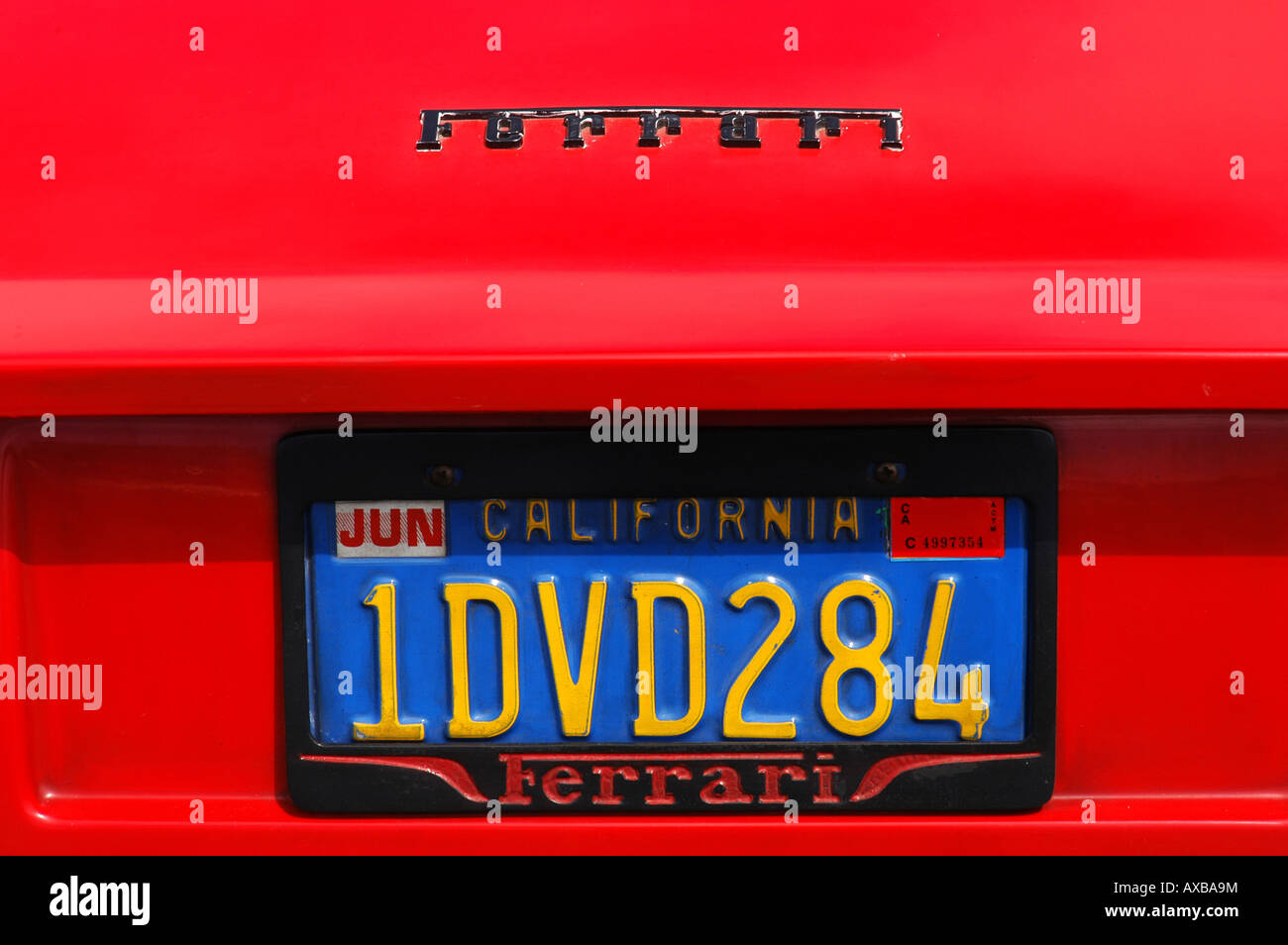 Red Ferrari number plate California USA Stock Photo