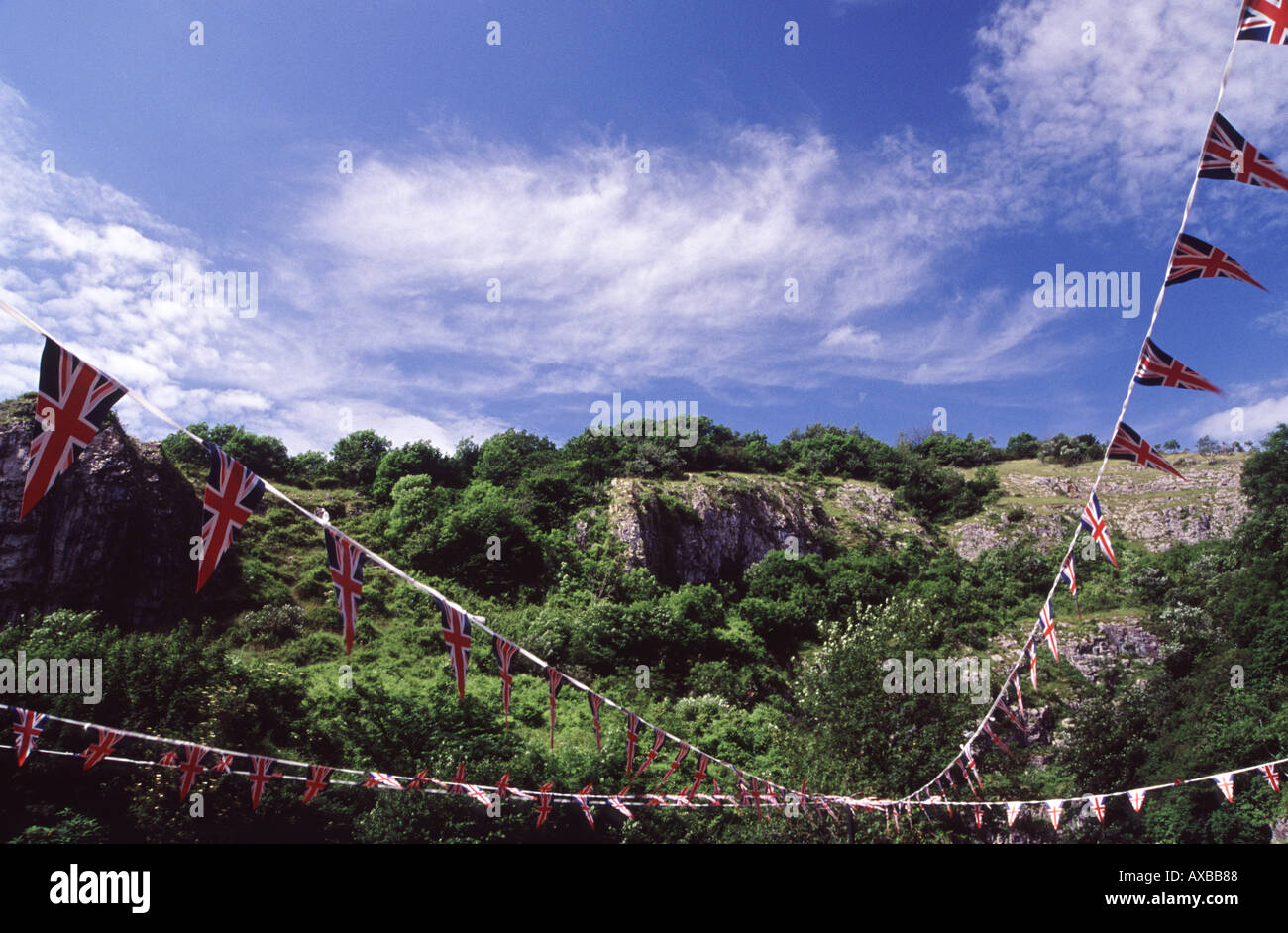 The Union Jacks fly over Cheddar Gorge in Somerset England UK Stock Photo