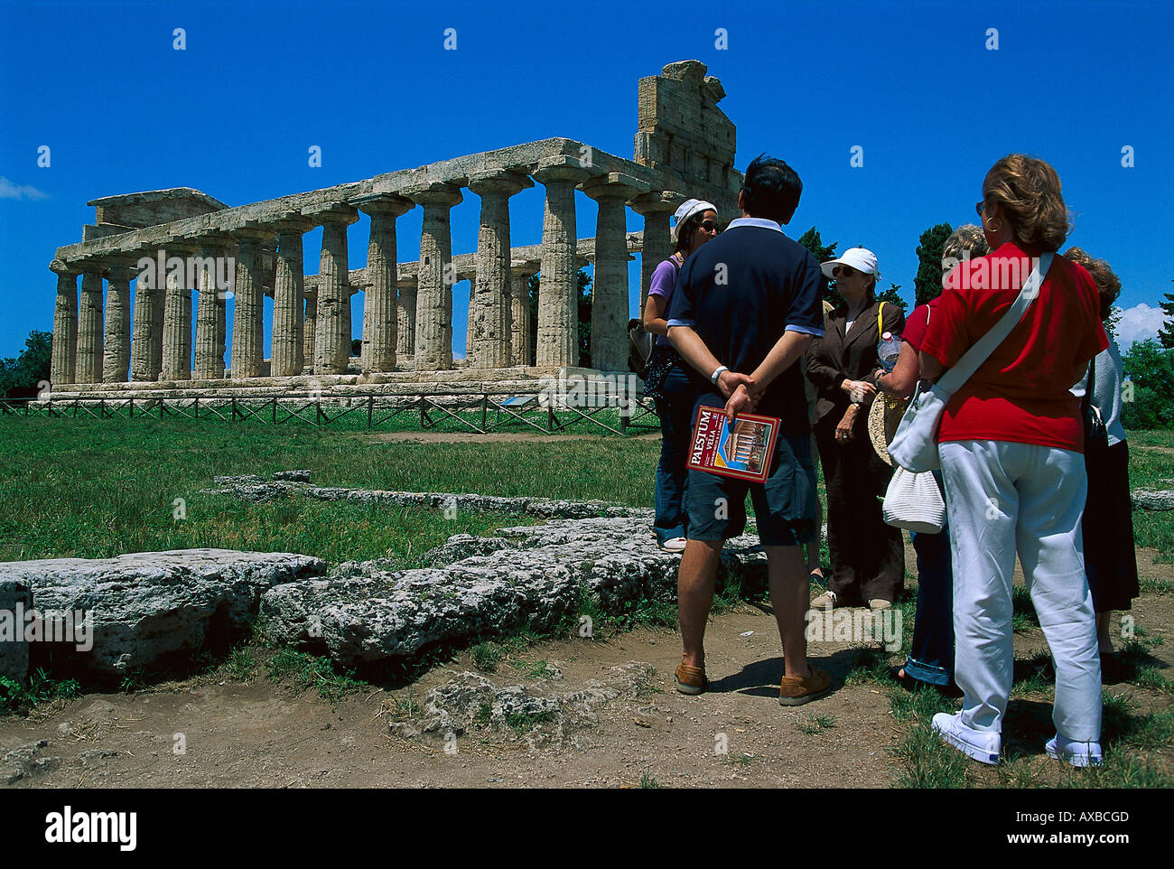 Group of Tourists, Temple, Paestum Campania, Italy Stock Photo