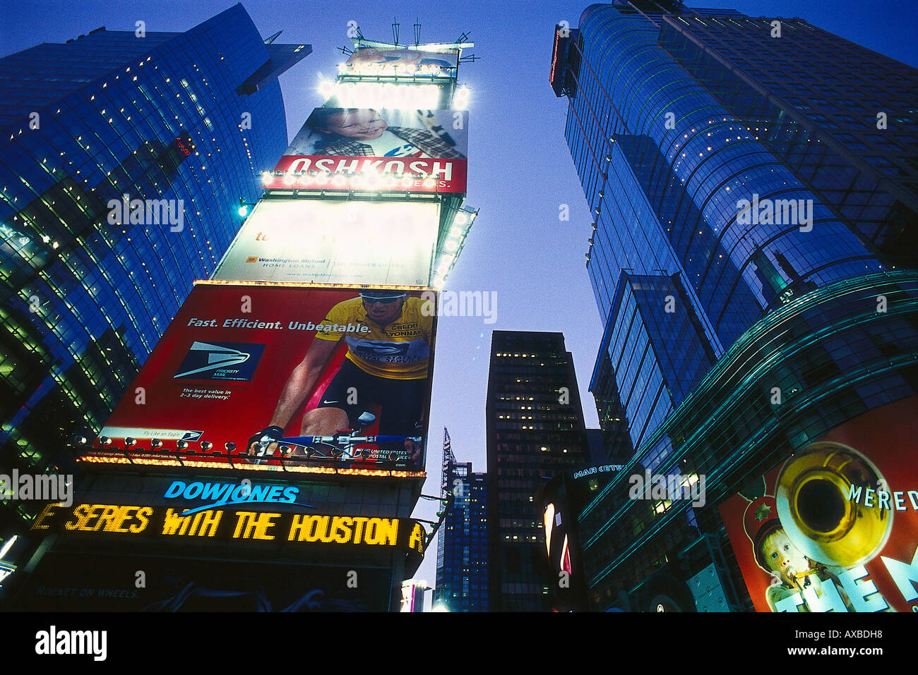 Low angle view at high rise buildings in the evening, Times Square, Manhattan, New York City, USA, America Stock Photo