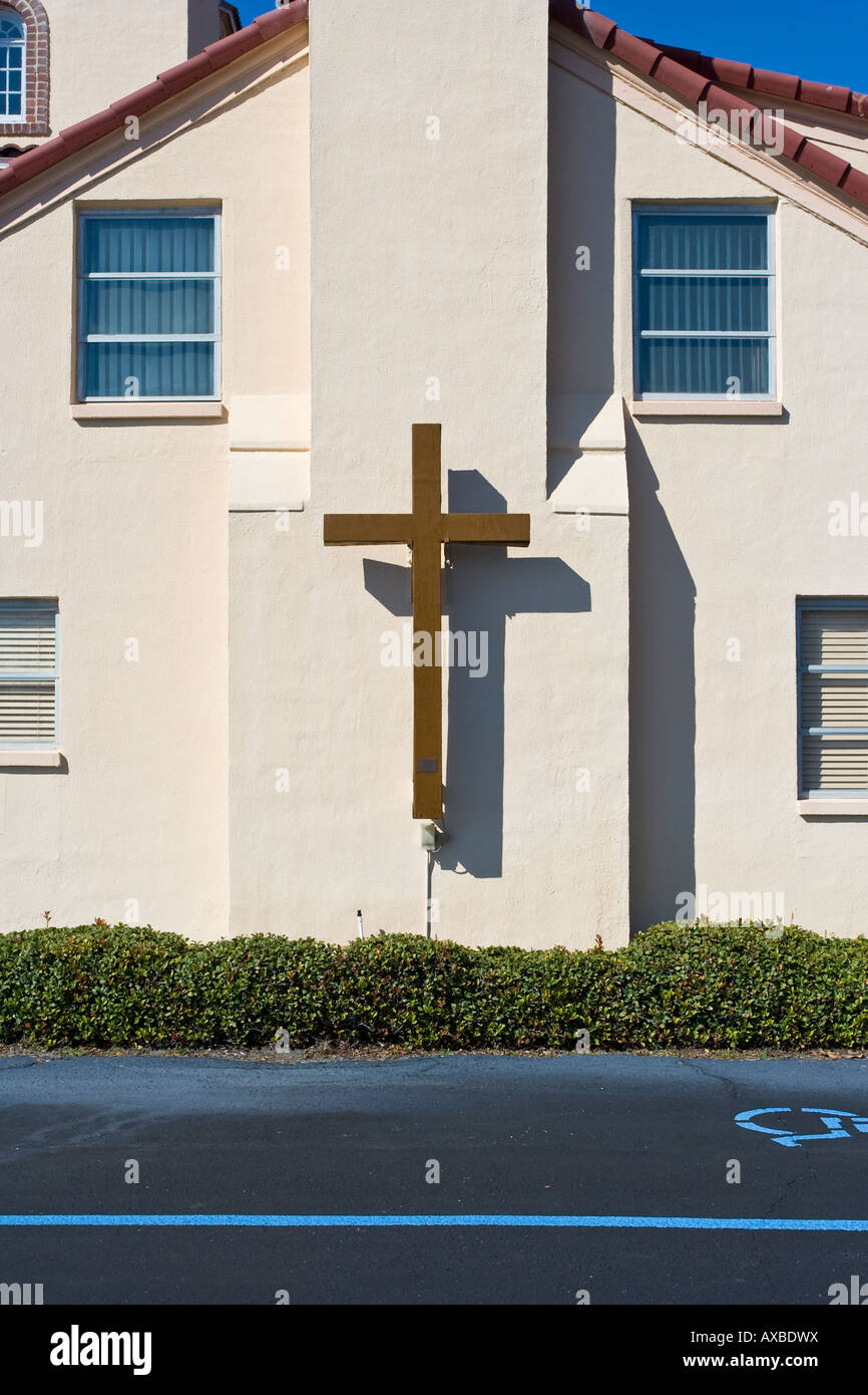 Exterior Church Wall with Large Wooden Cross Stock Photo Alamy