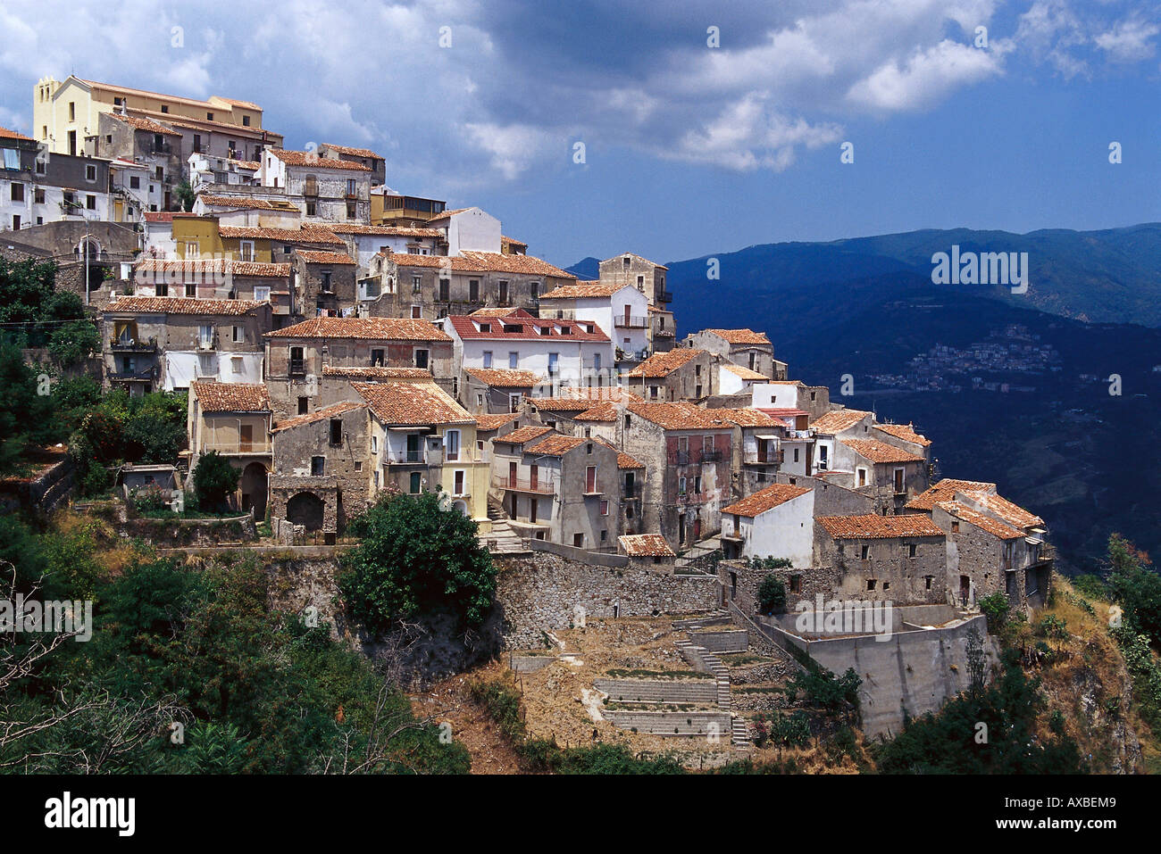 The village Sellia under clouded sky, Calabria, Italy, Europe Stock Photo