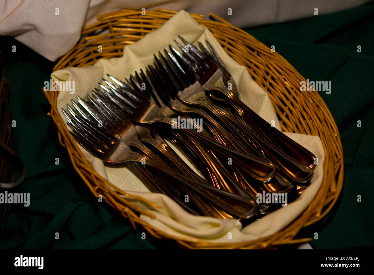 Basket of Forks on Buffet Table Stock Photo Alamy