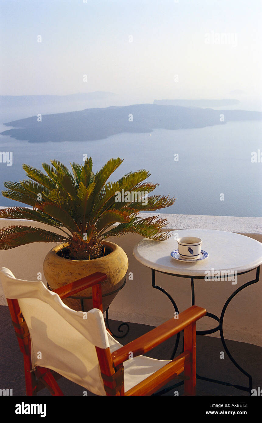 Deserted balcony with seaview, Hotel Nostos Traditional House, Imerovigli, Santorin, Cyclades, Greece, Europe Stock Photo