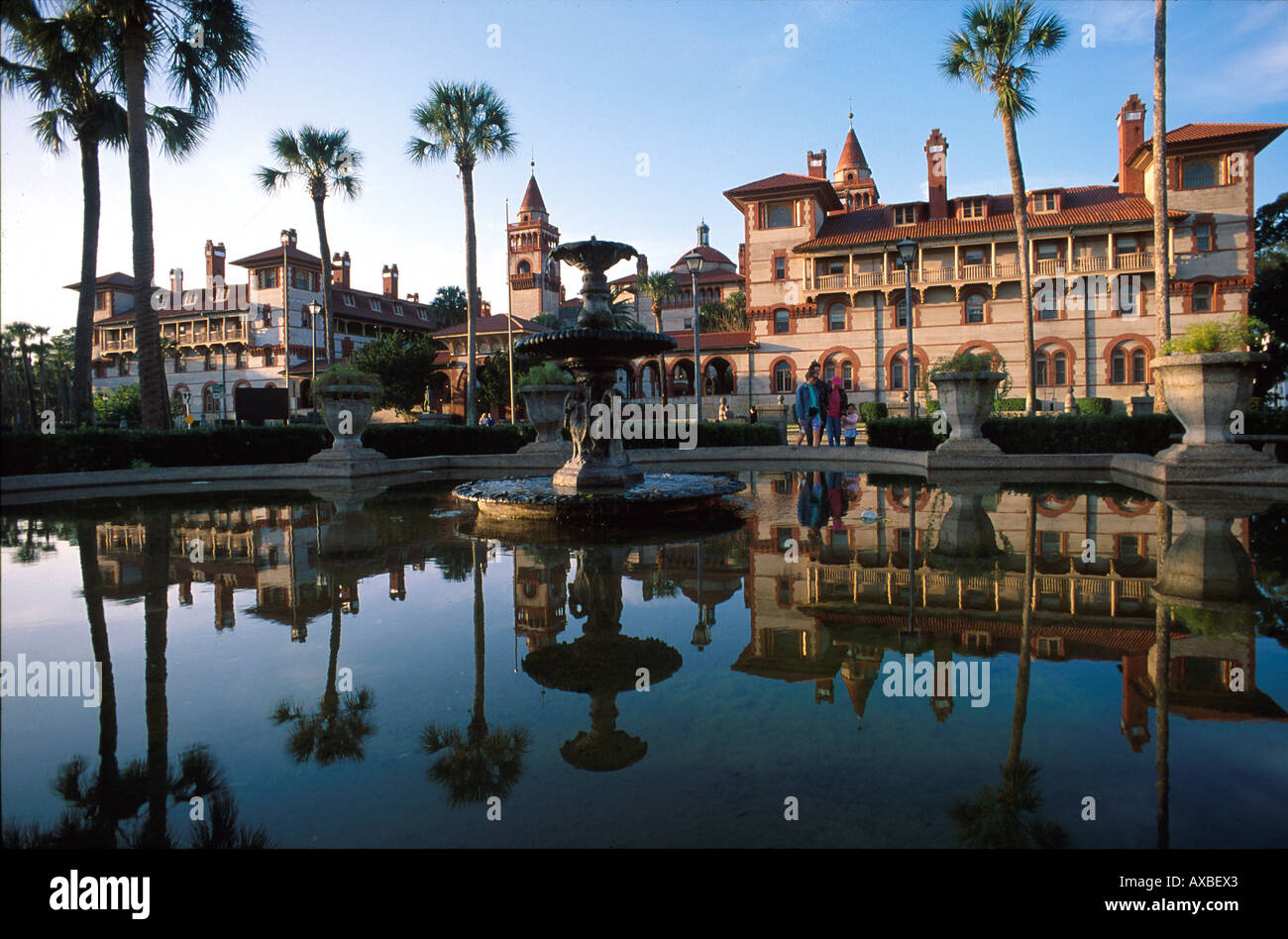 Reflection at the fountain in front of the Flagler College, St. Augustine Florida, USA, America Stock Photo